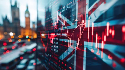 Foto op Plexiglas UK flag with stock exchange trading chart double exposure, British english trading stock market digital concept © Roman