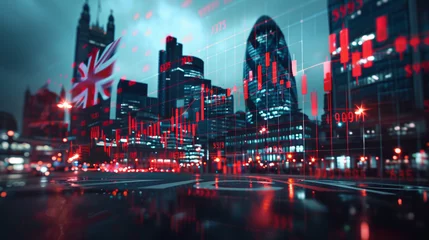 Fotobehang UK flag with stock exchange trading chart double exposure, British english trading stock market digital concept © Roman