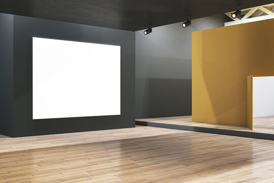 Modern gallery interior with concrete walls, empty white mock up banner and wooden flooring. 3D Rendering.