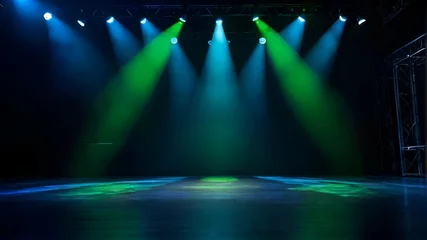 Fotobehang Modern dance stage light background with spotlight illuminated the stage. Stage lighting performance show. Empty stage with cool blue and green color stage lighting. Entertainment show © Badi