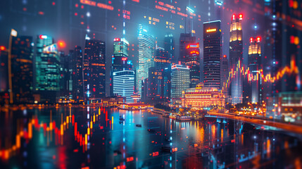 Bangkok Thailand business skyline with stock exchange trading chart double exposure, Asia trading stock market digital concept - obrazy, fototapety, plakaty