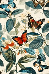 Fototapeta na wymiar Vintage botanical illustration butterflies pattern