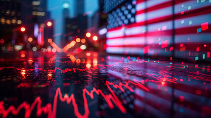 American flag with stock exchange trading chart double exposure, US trading stock market digital concept
