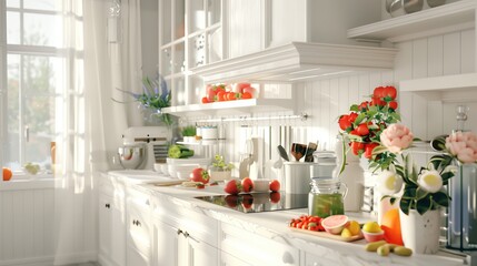 Kitchen scene with vibrant flowers and fresh fruit, encapsulating a cozy, domestic atmosphere.
