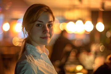 Portrait of hostess, blurred lights of an event space in the background. Long exposure, bokeh. Created with Generative AI technology.