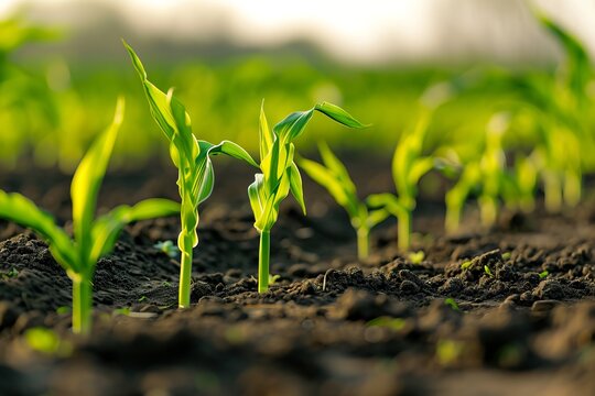 Young corn plants in rows