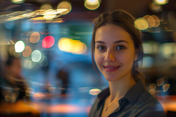 Obraz premium Portrait of hostess, blurred lights of an event space in the background. Long exposure, bokeh. Created with Generative AI technology.