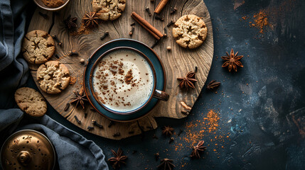 Fototapeta na wymiar Cup of coffee with cookies and spices on dark background