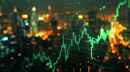 Glowing stock market chart with cityscape background