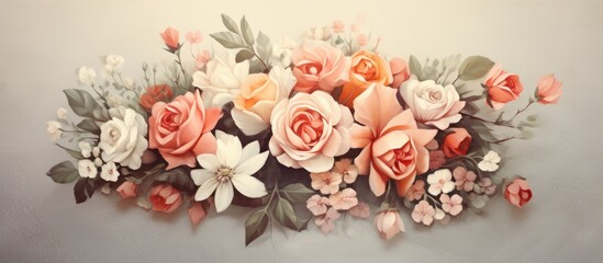 A bunch of flowers, specifically a retro bouquet of roses, is displayed on a wall, likely part of a wedding ceremony backdrop.