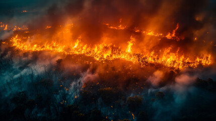 Fototapeta premium Flame over a burning forest, aerial view of a huge forest fire