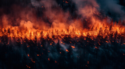 Flame over a burning forest, aerial view of a huge forest fire