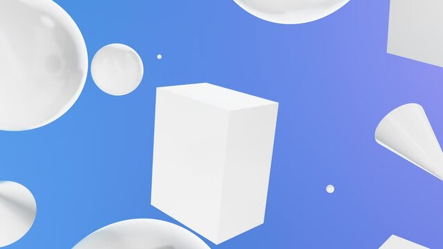 3D render of primitives objects with white reflective materials on blue background, 4K abstract seamless animated template, live wallpaper