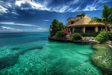 Coastal Villa Overlooking Turquoise Ocean Waters - obrazy, fototapety, plakaty