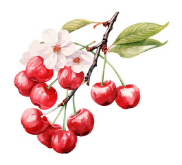 Watercolor Painting of a cherries on a branch with leaves and flower, isolated on a white background, Drawing clipart, Illustration & Vector, Graphic.
