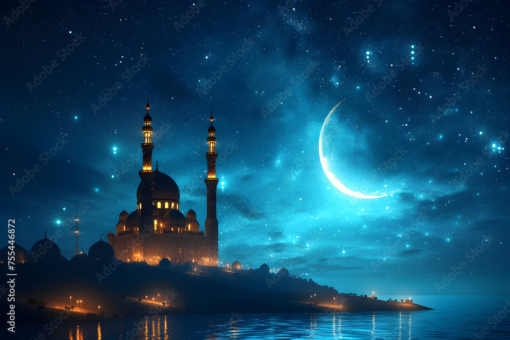 Wall mural A beautiful night sky with a large orange moon and a few stars. A glowing trail of light surrounds the moon. The sky is filled with buildings, some of which are mosques