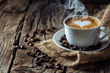 Cup of coffee with  smoke and coffee beans on burlap sack on old wooden background