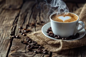 Tuinposter Cup of coffee with  smoke and coffee beans on burlap sack on old wooden background © Eyepain