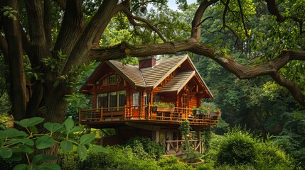 Fototapeta na wymiar Imagine a wonderful tree house: an old wooden house in a quiet and peaceful environment surrounded by greenery in nature. This house, located in the shade of trees, offers a quiet and peaceful living 