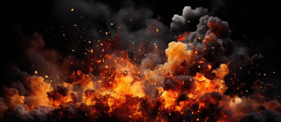 A large amount of orange and black smoke billowing against a stark black background, hinting at a fire explosion with floating debris in the air. The dynamic movement of the smoke creates a striking