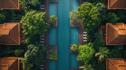 Luxury tropical hotel with a pool, scenic beautiful holiday vacation resort aerial view, touristic travel illustration 