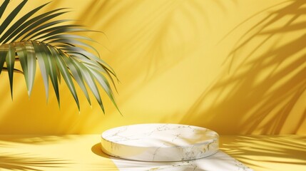 Obraz premium Product presentation with a shadow of tropical palm leaves. Marble podium, stage pedestal platform for displaying cosmetic product, Mockup yellow wall abstract background Spring and summer
