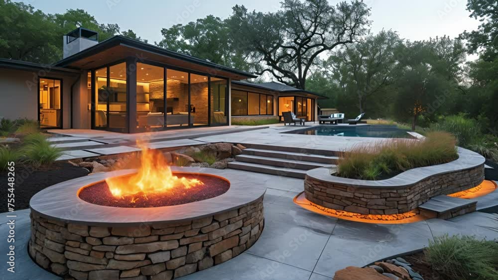 Poster a panoramic view of a backyard with an expansive fire pit complete with builtin seating and a builti