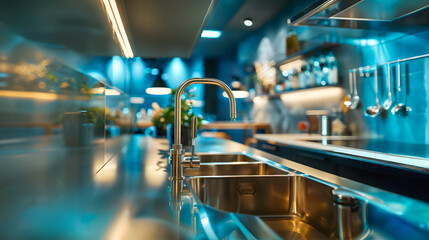 A kitchen with a stainless steel sink and a countertop. The sink is silver and has two basins - obrazy, fototapety, plakaty
