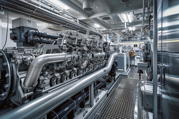 Engine room of vessel displaying labyrinth of pipelines and valves. Place for navigating intricate...