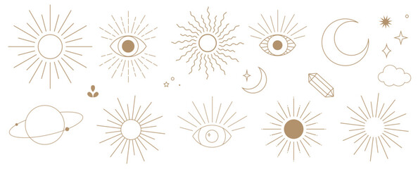 Fototapeta na wymiar Elegant celestial elements, vector line art illustration set sunburst and third eye decorative clip art set in gold