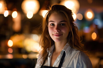 Portrait of hostess, blurred lights of an event space in the background. Long exposure, bokeh. Created with Generative AI technology.