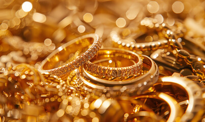 Gold Jewellery Pile Rings Chains Treasure Concept