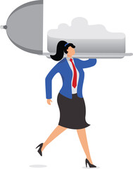 Businessewomen carrying a huge plate with a cloud above it