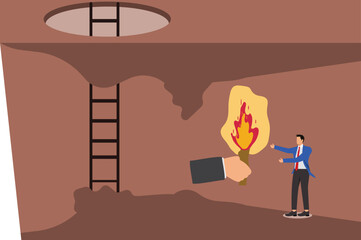 Big hand giving a flaming torch to a businessman