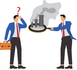 Businessman holding a big magnifying glass showing dark chimneys pollution smoke