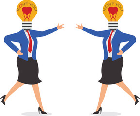 Businesswoman with idea light bulb head saying I Love You in sign language