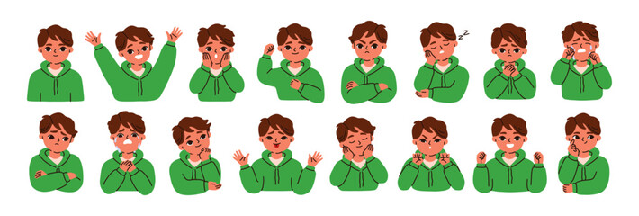 Kid emotions set. Child with different face expressions. Boy character, happy and sad mood. Angry, surprised, bored, excited, crying children. Flat vector illustrations isolated on white background - obrazy, fototapety, plakaty