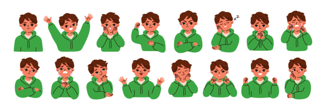Kid emotions set. Child with different face expressions. Boy character, happy and sad mood. Angry, surprised, bored, excited, crying children. Flat vector illustrations isolated on white background