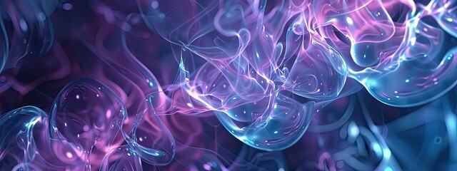 Abstract Digital Art with Swirling Purple and Blue Shapes - Ethereal Smoke and Bubbles in a Mystical Atmosphere