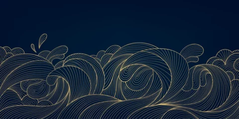 Fototapeten Vector golden ocean waves pattern. Japanese style background, abstract art sea, water ornament. Elegant banner luxury shape, landscape graphic. © marylia17
