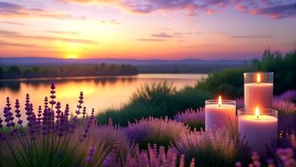 Soothing Sunset View with Candles and Lavender Field by the Lake. Romantic candlelight dinner by...