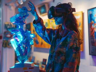A person interacts with a glowing sculpture while wearing VR goggles in an art gallery illuminated by neon lights.