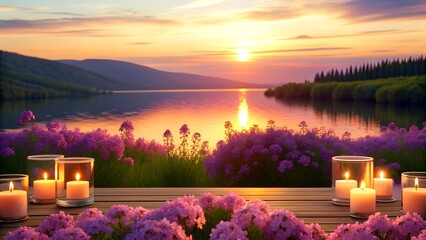 Lakeside Relaxation at Sunset with Candles and Blooming Flowers
