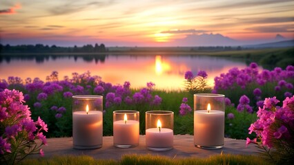 Lakeside Relaxation at Sunset with Candles and Blooming Flowers
