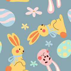 Seamless Pattern of Cute Bunnies with eggs, flowers on blue Background. Happy Easter.