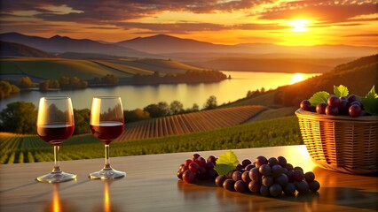 Romantic Vineyard Sunset with Red Wine, Candles, and Grapes.Beautiful sunset on the river, grape plantations. Romantic picnic with wine near a picturesque lake. A basket of grapes.
