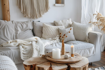 Simple cozy living room interior with light gray sofa, pillows, wooden table with candles and furniture	