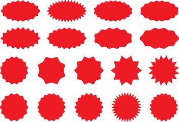 Starburst red sticker set - collection of special offer sale oval and round shaped sunburst labels and badges. Promo stickers and badges with star edges. Vector.