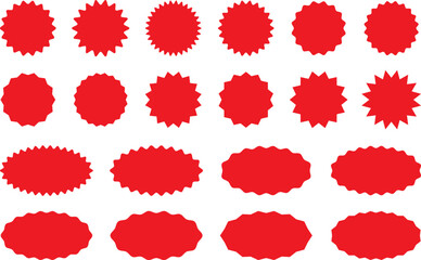 Starburst red sticker set - collection of special offer sale oval and round shaped sunburst labels and badges. Promo stickers and badges with star edges. Vector.