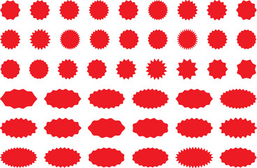 Starburst red sticker set - collection of special offer sale oval and round shaped sunburst labels and badges. Promo stickers and badges with star edges. Vector.
